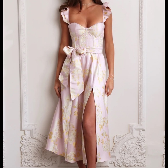 V. CHAPMAN VERA RUFFLE-STRAP CORSET SIDE-SLIT MIDI DRESS - Picture 3 of 4